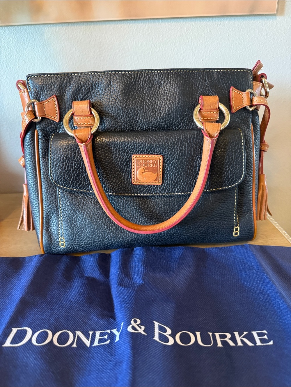 Like New Dooney & Bourke Black Pebbled Leather Satchel, Tan Trim, Gold Hardware